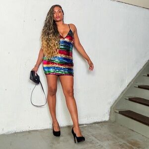 Vibrant Striped Sequin Mini Dress, Fits M-S